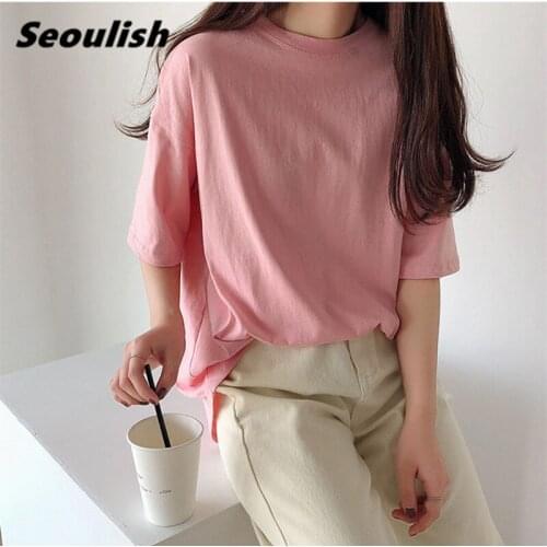 Seoulish Summer 2021 New Solid Short Sleeve Womens T-Shirts Basic Multi Color Cotton O-Neck Casual Loose Shirts Tops Tee Ladies