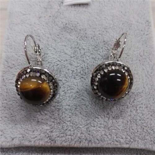 New simple jewelry 18mm natural brown tiger eye stone charm golden black rhinestone on silver color base hoop earrings for women