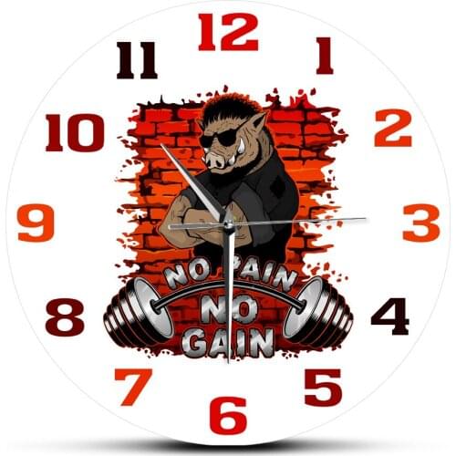 Weightlifting Barbell No Pain No Gain Strong Boar On A Brick Wall Clock Fitness Theme Gym Decor Acrylic Wall Art Hanging Watch