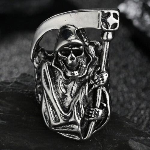Death Sickle Skull Men Ring Skeleton Grim Reaper Gothic Biker Punk Vintage Rings for Males Halloween Gift Jewelry