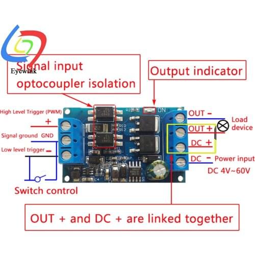High Power Dual MOS FET Trigger Drive Switch Module PWM Adjust Switch Control DC 4V-60V 600W High Low Level Trigger MCU IO PLC
