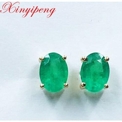 Xin Yipeng 18K yellow gold inlaid with real natural emerald earrings, fine jewelry, anniversary holiday gift for women 5×7mm