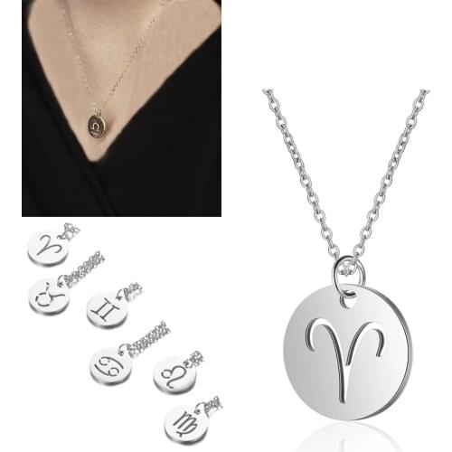 12 Constellation Pendant Necklaces For Women Round Coin Zodiac Sign Clavicle Chain Necklace Jewelry