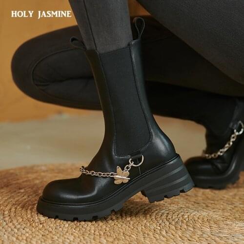 2021 New Fashion Chelsea Boots Women High Heels Platform Shoes Genuine Leather Autumn Winter Black Ankle Boots for Women Boots