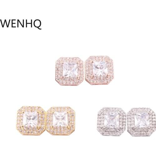 WENHQ New Square Cubic Zircon Stud Clip on Earrings No Pierced for Women Girl Party Wedding High Quality Geometric Cuff Earring