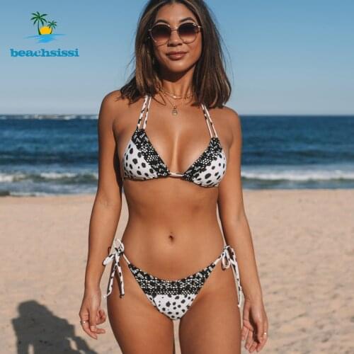 Beachsissi New Summer Women Sexy Print Bikini Set 2 Piece Adjustable Swimwear Halter Neck Tie Back Swimming Bathing Swimsuit