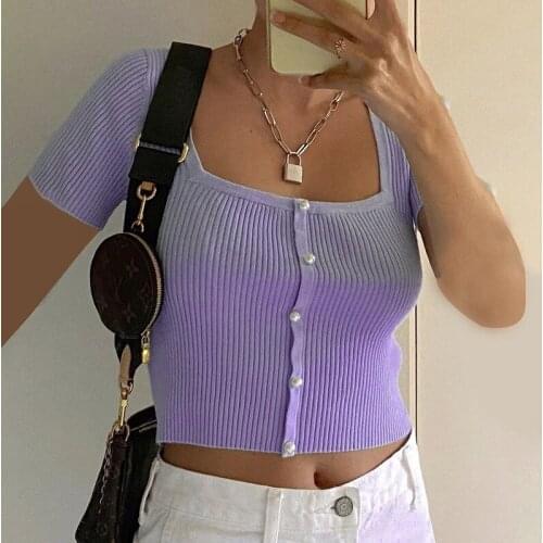 2020 New Hot lady Sexy Short Sleeve Square Collar Crop Top Ladies Summer Fashion Solid Color Knit Tops