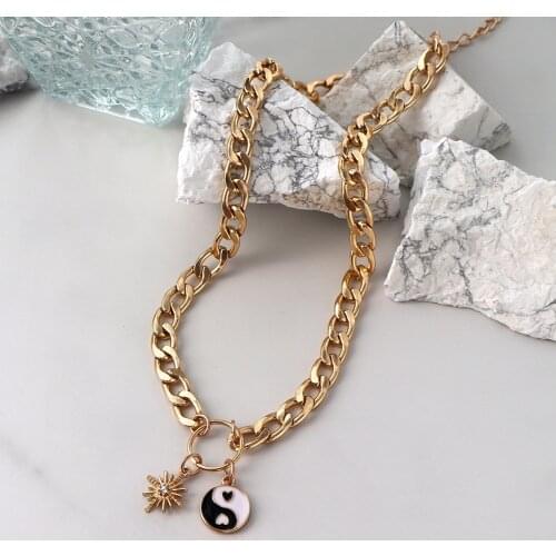 Flatfoosie Vintage Sun Metal Link Chain Pendant Necklace for Women Fashion Yin Yang Charms Necklace Punk Hip Hop Jewelry Gift