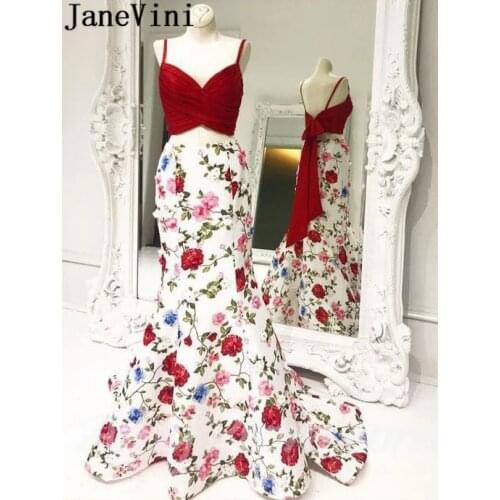 JaneVini Elegant Floral Mermaid Prom Dress Red Long Two Pieces Flowers Print Women Party Graduation Gowns 2020 vestiti eleganti