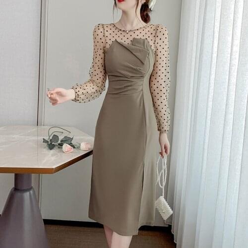 Fashion Vintage Mesh Dot Perspective Long Sleeve Midi Party Dress Ladies Elegant Robe Streetwear Casual Chic Folds Split Dress