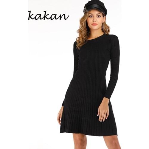 Kakan 2019 autumn and winter new womens knit sweater dress basic solid color round neck slim sweater dress