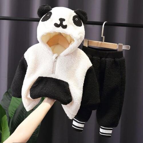 Winter Warm Children Cartoon Panda Clothes Suit Boys Girls Baby Thicken Hooded Pants 2Pcs/sets Infants Clothing Kids Sportswear