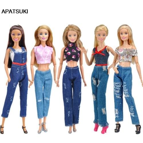 1Set Fashion Outfits For Barbie Doll Short Top & Jeans Pants Trousers Handmade Clothes For Barbie Dollhouse 1/6 Doll Accessories