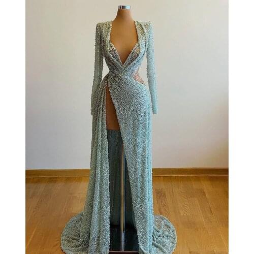 2021 Arabic Split Prom Dresses Luxury Beading Sequined Long Sleeve Women Plus Size Formal Evening Gowns