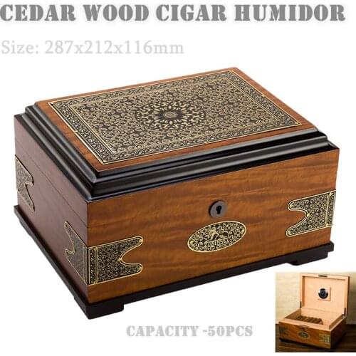 287x212x116mm Cedar Wood Cigar Humidor Vintage Art Professional Cigarette Case Portable Moisturizing Cigar Gift Box Capacity 50
