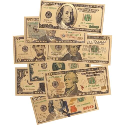 8pcs 24K Gold Plated Dollars Commemorative Notes Fake Money Gold Antique Collection 1 2 5 10 20 50 100 Dollar