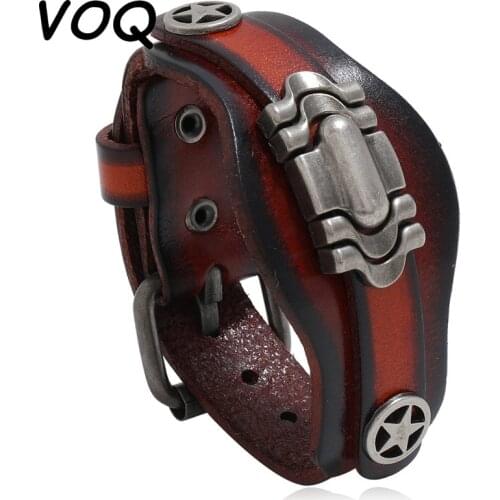 VOQ Retro Multi-layer Cowhide Bracelet Men Creative Design Locomotive Wristband Leather Bracelets 2021 Fashion Jewelry