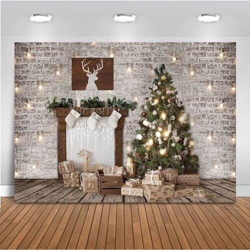 Photography backdrop Christmas background for photo studio Grey Brick Wall fondos navideños Fireplace Family Party Decoration