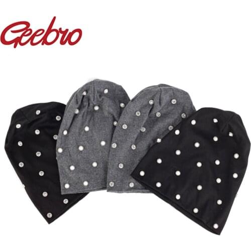 Geebro New Spring Women Soft pearl Rhinestones Slouchy Skullies Beanies Caps Autumn Ladies Girls Baggy Bonnet Slouch hats