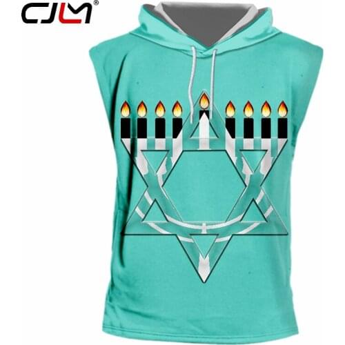 CJLM Man New Black White Stitching Hooded Tank Top 3D Printed Candle And Hexagonal Star Hanukkah Mens Clothing Chinese Style