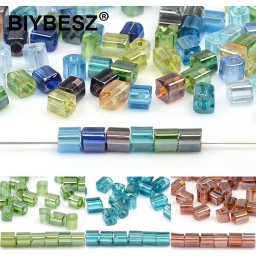 About 4mm Square Glass Beads Big Square Hole 2mm Beads for Necklace Bracelet Jewelry Making Loose Transpent Luminou Beads DIY