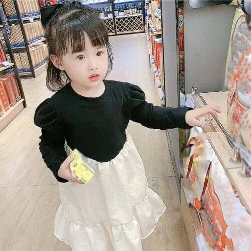 Autumn Girls' Dress Fashion Contrast Color Puff Sleeve Princess Princess Dress With Folds Baby Kids ChildrenS Clothing For Girl