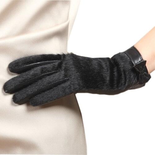 Goatskin Genuine Leather Glove Fashion Top Wrist Fur Bowknots Women Thicken Winter Solid Sheepskin Glove Velvet Lining L152NC-5