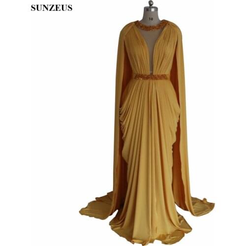 Saudi Arabic Design Gold Mother of Bride Dresses With Long Watteau Train Beaded Neckline Sexy Long Jersey Women Party Gown CM075
