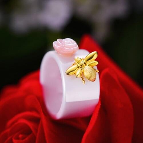 Real 925 Sterling Silver Ring Natural Handmade Fine Jewelry Ceramics Ring Cute Bee Kiss from a Rose Rings for Women