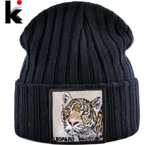 Beanie Men Knitted Black Hat With Cheetah Embroidery Patch Streetwear Hip Hop Skullies Beanie Women Outdoor Knit Solid Color Hat