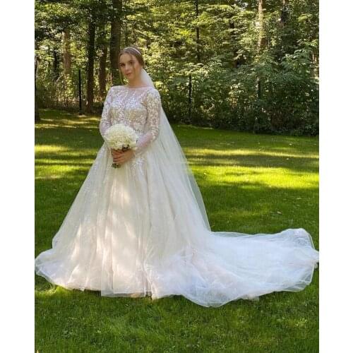 Wedding Dress A-Line O-Neck Full Sleeve Lace Appliques Sequined Beads Backless Tulle Floor Length Sweep Train Bride Gown New