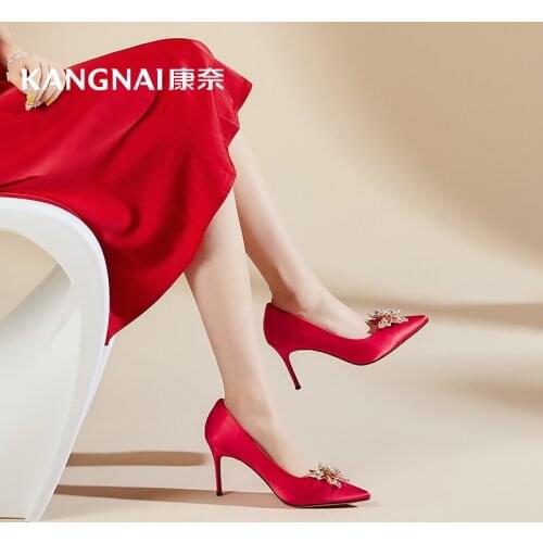 KANGNAI Wedding Shoes Women High Heels Rhinestone Crystal Shallow Pumps Ladies Party Dress Thin Heels Red Bride Shoes