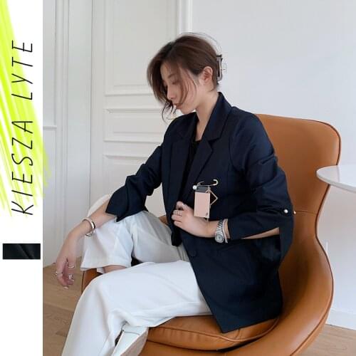 Vintage black blazer with gold pin fashion pin slit sleeve solid casual suit jacket coat 2020 autumn new women clothing