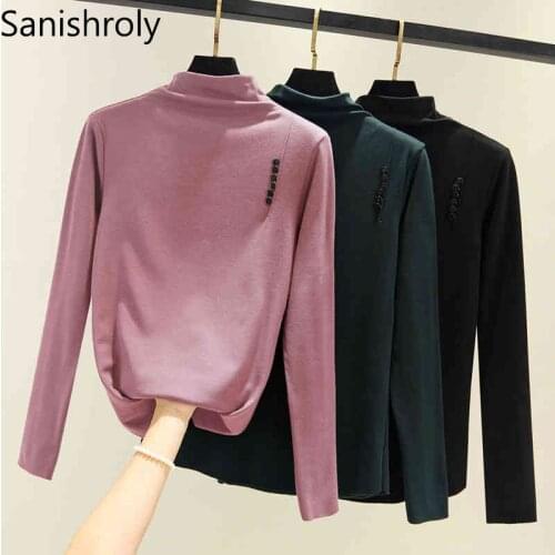 Sanishroly Women Turtleneck T-Shirts Tee Autumn Winter Warm Thick Velvet T Shirt Female Long Sleeve T Shirts Tops Plus Size S660