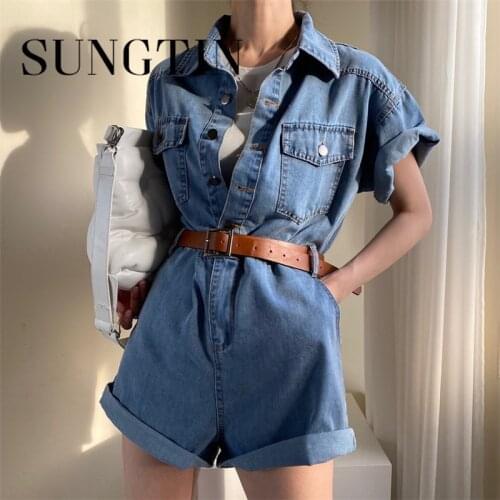 Sungtin Denim Jumpsuit Belt Women High Waist Short Sleeve Casual Vintage Rompers Sashes Spring Autumn Pocket Playsuits chic 2021