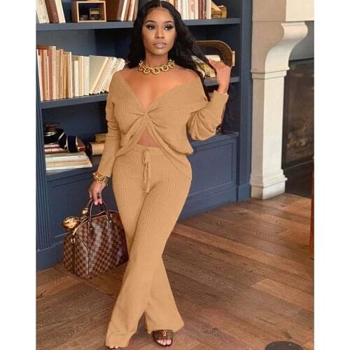 2020 Thicken Warm Knitted Two Piece Set Women Winter Clothes Pullover Ruched Crop Top and Wide Leg Pants Elegant Sweater Outfits