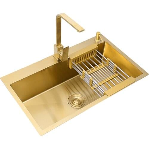 Gold Brushed Kitchen Sink Double Bowl Stainless Steel Above Counter Sink Drain Hair Catcher Kitchen Bowl Set Steel Sink Basket