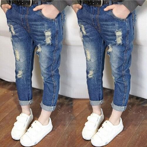 2019 Spring Ripped denim pants water washed Girls Jeans fashion casual long trousers child 100% cotton pants for girl jeans
