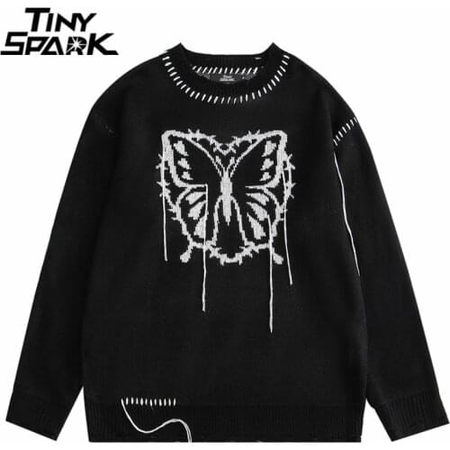 2021 Men Hip Hop Knitted Sweater Streetwear Butterfly Print Pullover Harajuku Cotton Casual Sweater Autumn Pullover Black Pink
