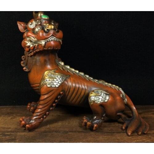 9" Tibet Buddhism Old Bronze Gilt Real gold silver Divine Beast Unicorn Tiger Head Ward off evil spirits Town House