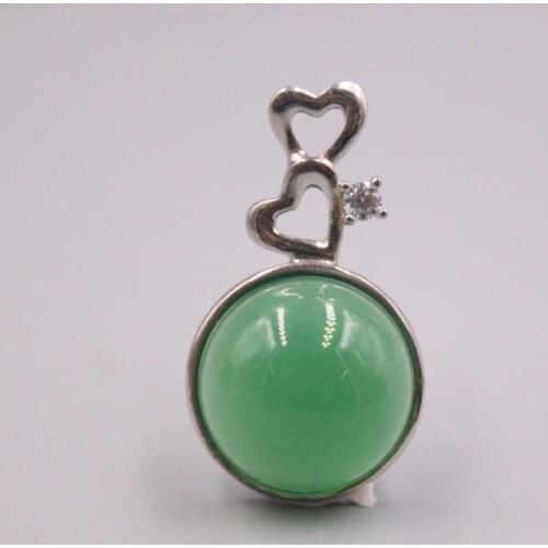 Pure 925 Sterling Silver Pendant 27x15mm Small Green Chalcedony Round Bead Double Heart Clasp Charms