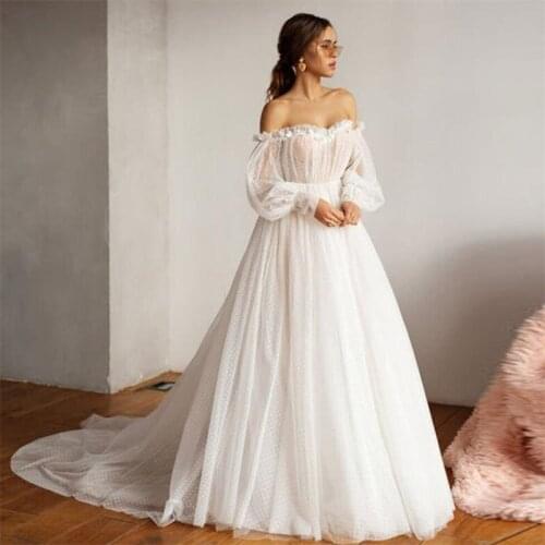 Sweetheart Off-Shoulder Elegant Full Sleeve A-Line Backless Wedding Dress vestido de noiva Bridal Dress Dot Mesh Wedding Gowns
