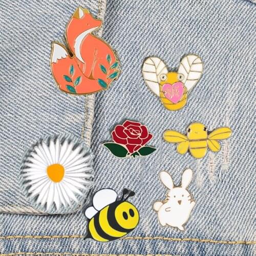 Forest Elf Collection Enamel Pins Cartoon Animals Brooches Fox Bee Rabbit Flowers Lapel Pin Custom Badges Gift for Kids Girl