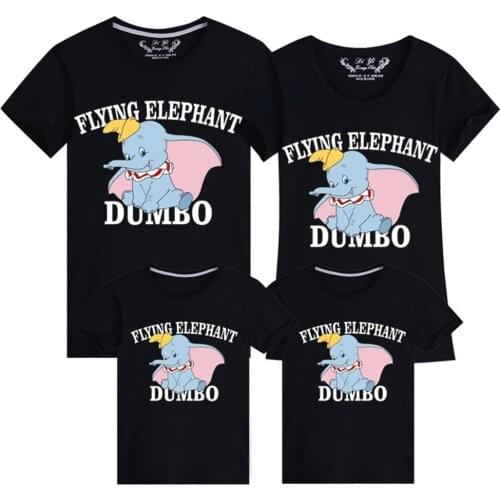 Summer Black T-shirts Cotton Cute Cartoons Dumbo Printing Kawaii Children Short Sleeve Funny Casual Harajuku Base Family Clothes