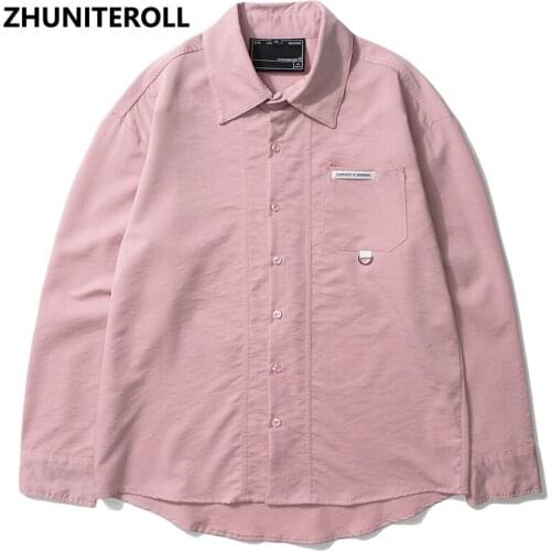 Harajuku Mens Shirts Solid Hip Hop Button Down Pockets Longsleeve Patchwork Shirt For Men Streetwear Fashion Hawaiian Beach Tops