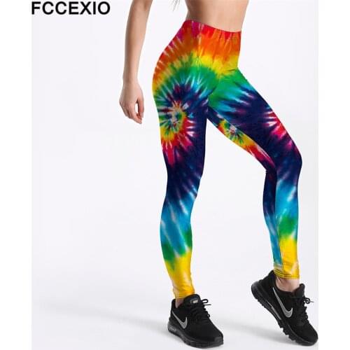 FCCEXIO New Workout Leggings High Waist Fitness Legging Dye Rainbow 3D Printed Leggins Female Leg Pants Large Size Leggings