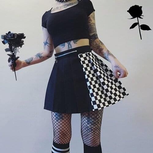 Richkeda Store New Darlingaga Gothic Black Checkerboard Pleated Skirts Women Fashion 2020 Contrast Color Zipper High Waist Skirt