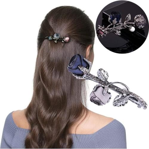 Rose Flower Crystal Hairpin Hair Clips Rhinestone Leaf Hair Pin Elegant Female Girl Hairpins Ponytail Holder Hair Accessories