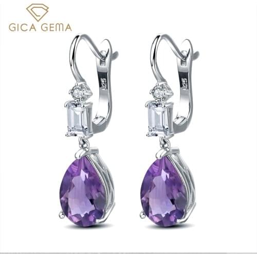 GICA GEMA New Trendy 9*13mm Amethyst Earrings For Women Real 925 Sterling Silver Water Drop Purple Gemstone Anniversary Gifts