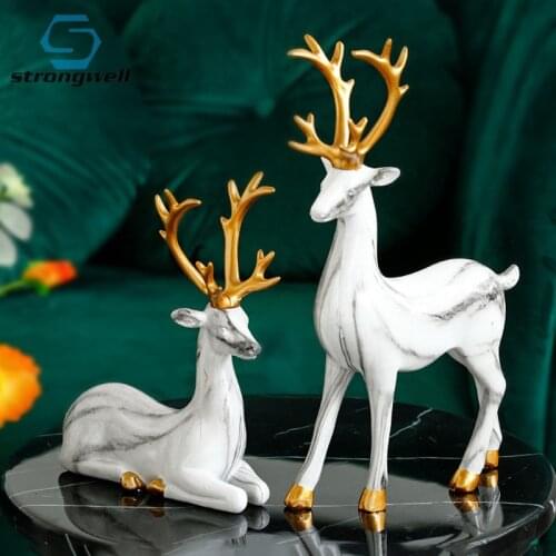 Strongwell Nordic Marbled Deer Sculpture Gold Couple Elk Statue Luxury Room Decor Desktop Handicraft Home Decoration Gift